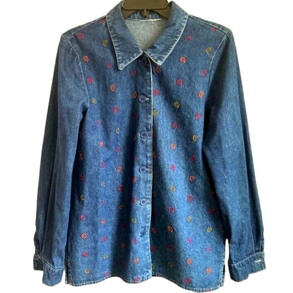 Vintage Samantha Edwards Embroidered Denim Shirt M Western Cottage Jean Button - Picture 2 of 9